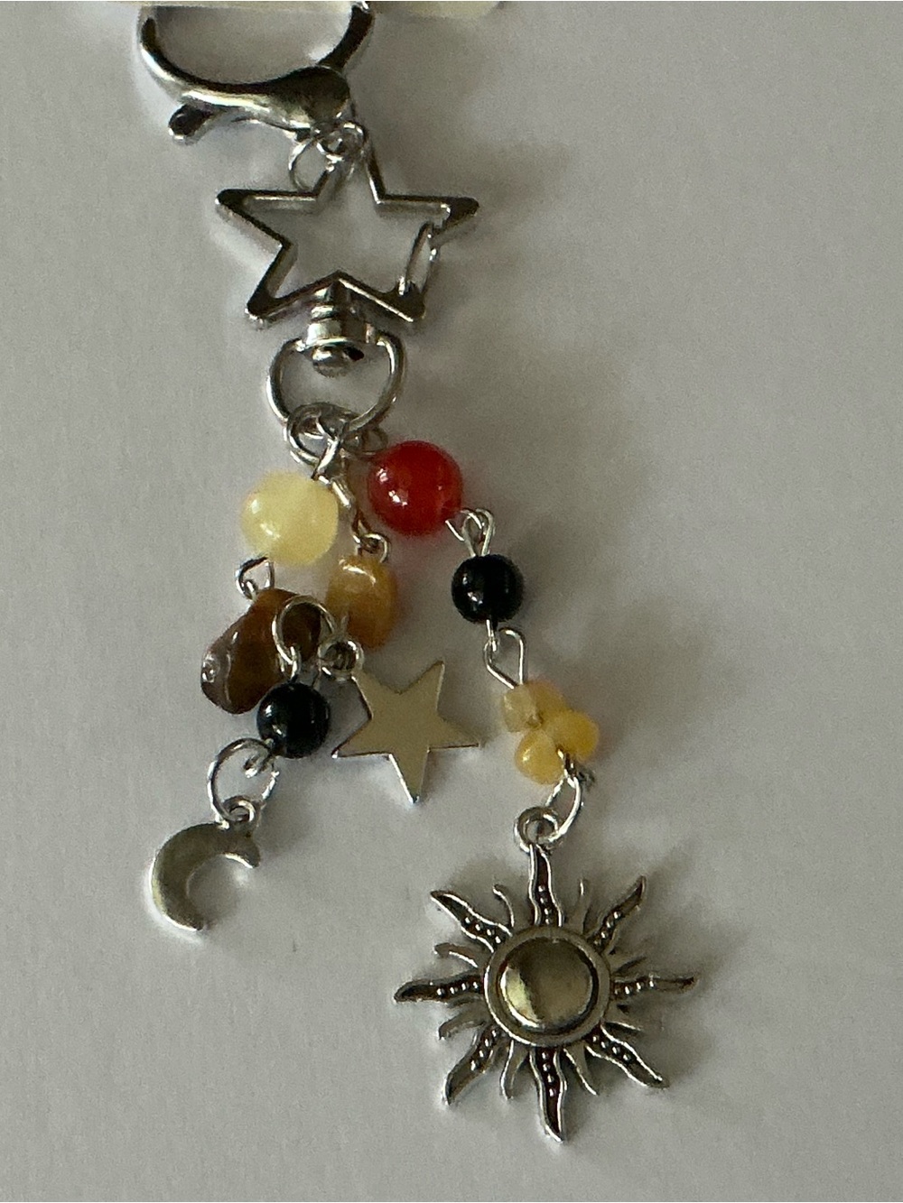 Sun & Star Dangle Charm Keychain - Silver with Red, Yellow, Black Beads